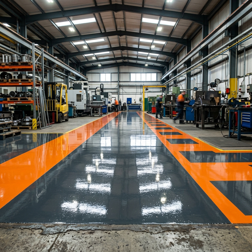 Clean, high-gloss orange and grey epoxy floor layout