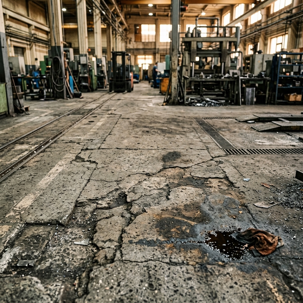 Worn, oil-stained, cracked concrete industrial subfloor